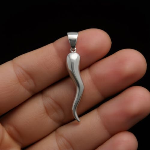 US Jewels Men's 925 Sterling Silver 28mm Italian Horn Good Luck Pendant Necklace, 22in to 26in3