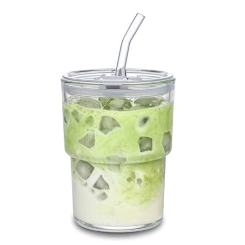 MINGHYZYA 13oz Glass Tumbler with Straw and Lid Sealed, Carry On Reusable Iced Coffee Cups,Thick Wall Glass Coffee Drinking Glassware Cups