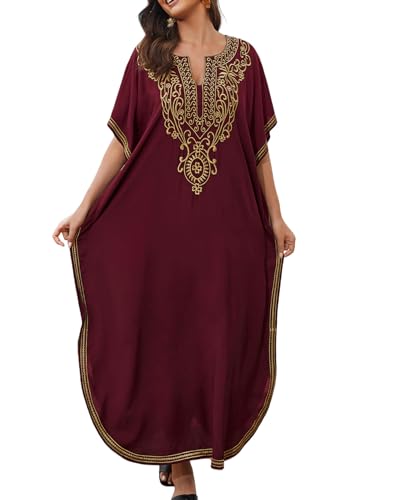 Bsubseach Robe caftan à manches courtes brodée pour femme - Grande taille - Robe longue décontractée, Rouge, Taille Unique