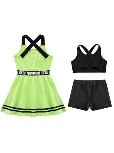 3pcs Kids Sports Outfits Girl Athletic Tenins Dress With Racerback Sport Bras And Shorts Set Workout Exercise Fluorescent Green 8 Years4