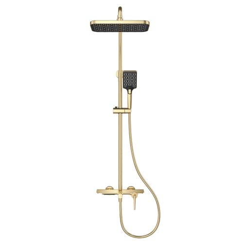 BiaoTeng Columna de Ducha 3 Modos agua Fría y Caliente en Laton Columna Ducha Ajustable a Gujeros Existentes Cuadrada Oro Cepillado