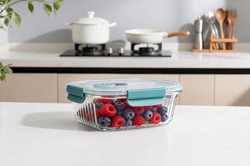 Image of STEGL 370ml Rectangle Glass Food Storage Container with Vented Cool Lock Lid | Airtight Meal Prep Box with Smart Slip-Vent | Microwave & Fridge Safe Kitchen Container with Embossed Design