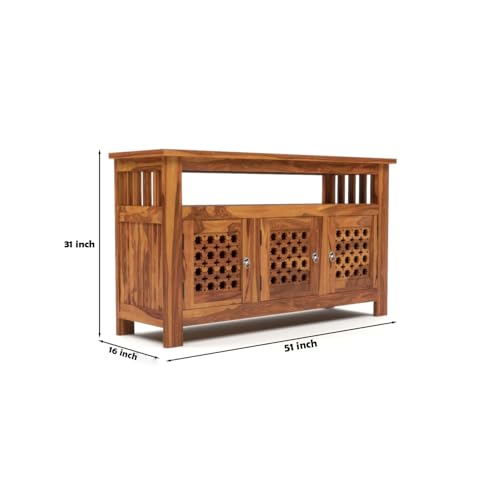 Image of Solid Sheesham Wood TV Unit Cabinet with Carved Doors | Wooden Entertainment Unit for Living Room | Multipurpose Sideboard for TV, Decor & Home Organization (Honey Finish)