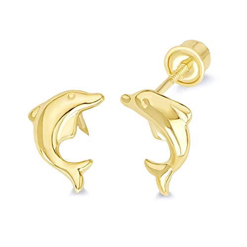 Wellingsale 14K Yellow Gold Polished Dolphin Stud Earrings With Screw Back