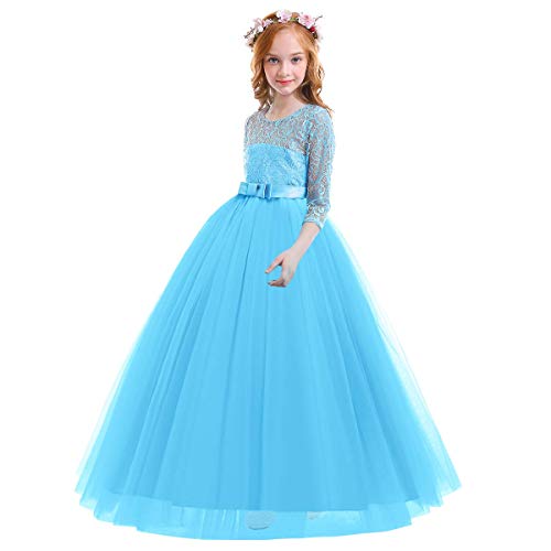 Image of Girls Flower Vintage Floral Lace 3 /4 Sleeves Floor Length Dress Wedding Party Evening Formal Pegeant Dance Gown