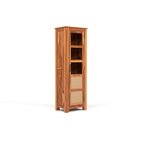 Image of Solid Sheesham Wood Bookshelf with Acrylic Glass Door | Rosewood Kitchen Cabinet with Storage Shelves for Dining Room & Office (B-Natural Finish)