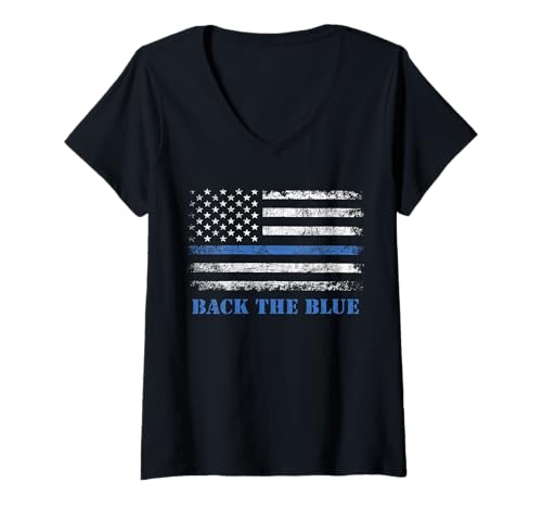 Mujer Back the Blue Thin Blue Line American Flag - Police Support Camiseta Cuello V