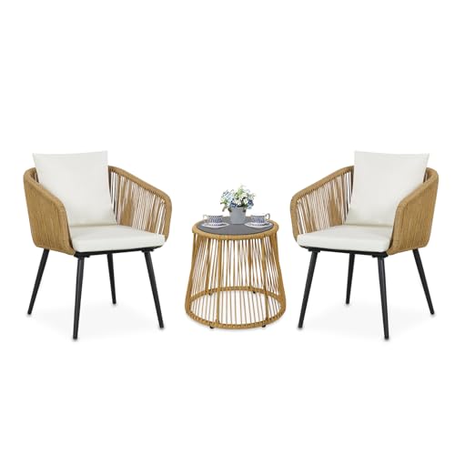 YIYAN 3 Piece Patio Bistro Set Wicker Outdoor Patio Set with Enhanced Comfort Seating Round Glass Top Coffee Side Table Patio Rattan Conversation Set for Balcony Lawn Garden Backyard (White)