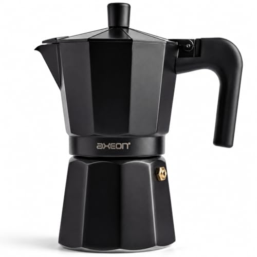 Image of AXEON Classic Moka Pot 240ml Espresso Coffee Maker | Italian Style Mocha & Cuban Cafe Brewer | Gas Stovetop Compatible | Food-Grade Aluminum with Cool Touch Handle | Brews 4-6 Cups, Black