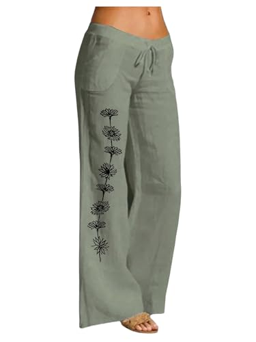 Floerns Women's Drawstring Drop Waist Floral Pants Straight Leg Linen Casual Trousers