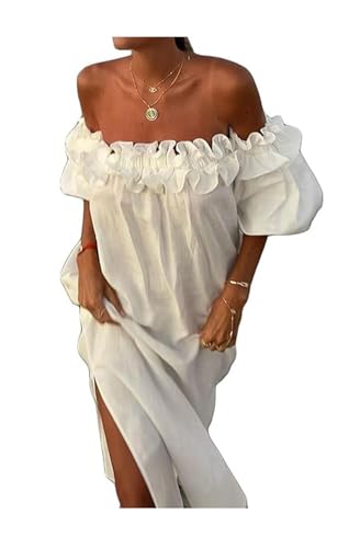 Womens Sexy Off Shoulder Dress Casual Loose Short Sleeve High Waist Side Split Flowy A Line Long Maxi Dress