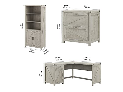 Bush Furniture Knoxville 60W L Shaped Desk with Lateral File Cabinet and 5 Shelf Bookcase in Cottage White, Corner Computer Table and Storage Set for Home Office - Thumbnail 3