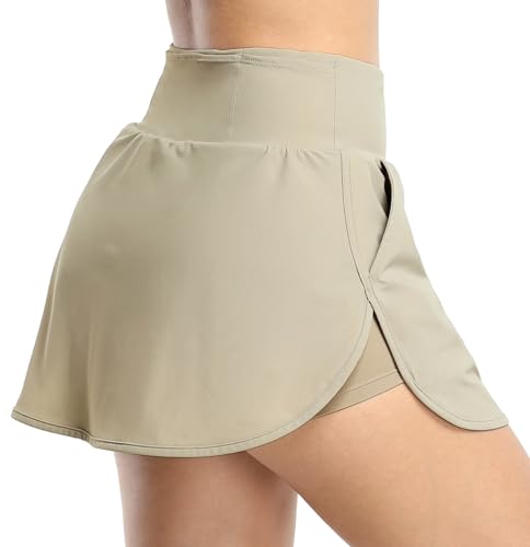 icyzone Falda deportiva de tenis para mujer, con protección UPF50+, de cintura alta, con bolsillos, para entrenamiento, correr, casual, Grava, M