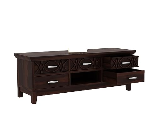 Image of Rustic Solid Sheesham Wood TV Unit Chest of Drawers for Living Room - 5 Drawers and 1 Shelf Storage - Accommodates up to 65-Inch TV (Jace, Walnut Finish)