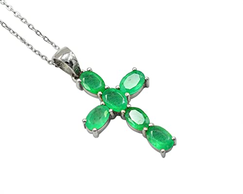 May Birthstone Natural 6X4 MM Oval Zambian Emerald Gemstone Cross Pendant Necklace 925 Sterling Silver Emerald Jewelry Birthday Gift For Wife