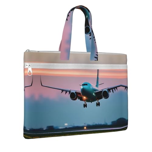 Airplane In The Evening Lights Canvas Document Bag Briefcase For Professionals And Executives2