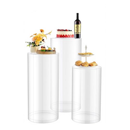 VEVOR Wedding Flower Stand 3PCS 23.62/29.53/35.43 inch Round Cylinder Plinth Clear Pedestal Stand with Transparent Acrylic Lid Cylindrical Pedestal Stands for Wedding Party Birthday Art Decor