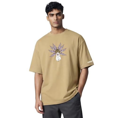 Image of Yume Men's Oversized Aizen Sosuke Anime Printed T-Shirt | 240 GSM Cotton Crew Neck Tee | Lavender & Black Beige Dual-Tone | Bleach Villain Merch | Long Length Drop Shoulder Streetwear (Black)