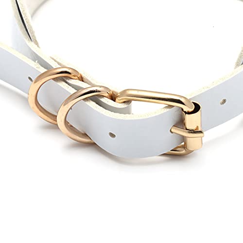 Aabellay Breit Lederhalsband Halskette Herz Form Damen Leder Choker Metall Ring Halsband Gotik Punk Rock Lederband Einstellbar Kragen - Weiß mit Gold Herz