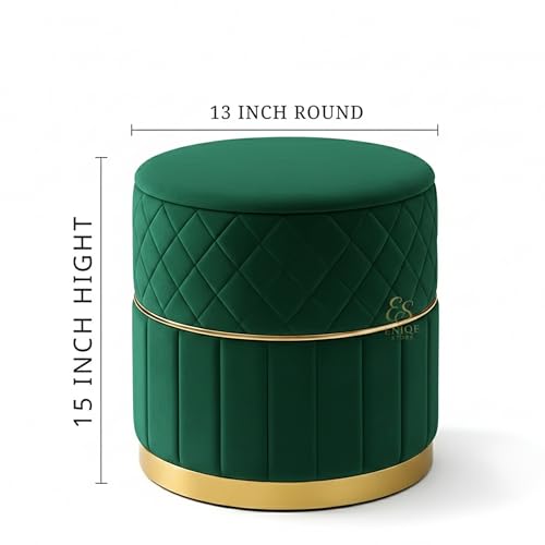 Image of Set of 2 Round Velvet Ottoman Footstool Gold Base - Tufted Upholstered Pouffe Stool for Living Room, Bedroom & Dressing Area (Green)