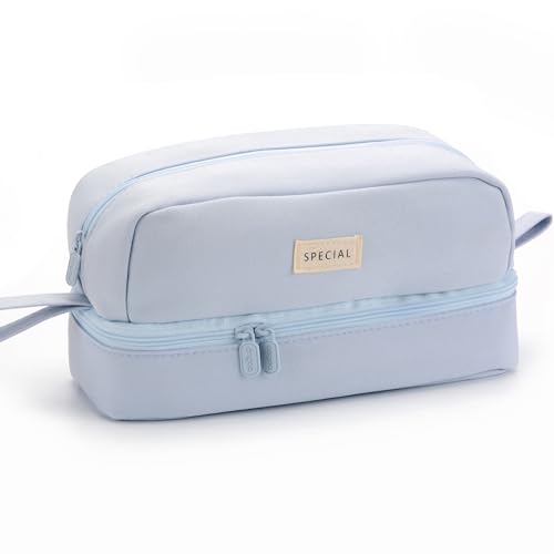 Image of Large Capacity Canvas Special Pencil Case Organizer With 2 Compartments, Big Cute School Aesthetic Pencil Pouch For Girls Boys Women Students Adults, Pen Pouch Bags With Zipper (Light Blue)
