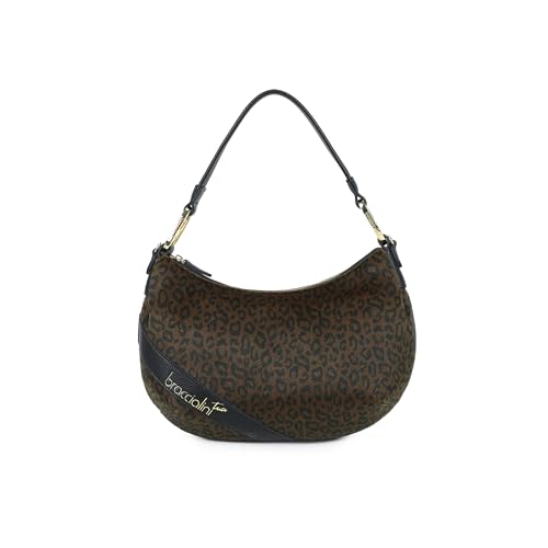 Borsa a spalla a forma di mezzaluna in materiale effetto cavallino dalla fantasia leopardata. Con manico, chiusura zip e tracolla in nastro logato rimovibile e regolabile che ne permette la doppia portabilità. All'interno una pochette totalmente estraibile e utilizzabile come seconda borsa a cui è possibile agganciare la tracolla a nastro. I dettagli in similpelle nera, le finiture dorate e la tracolla logata removibile aggiungono un tocco sofisticato e contemporaneo.