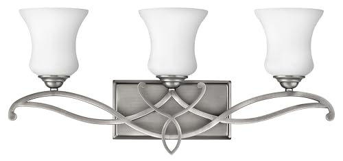 Hinkley Brooke Medium Three Light Bath Vanity - Damp Rated, Etched Opal Glass, Scroll Details - Antique Nickel Finish