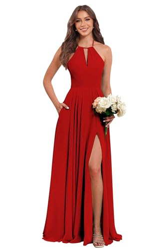 Chiffon Halter Bridesmaid Dresses for Women with Slit Pleated A-line Fall Wedding Guest Dresses with Pockets