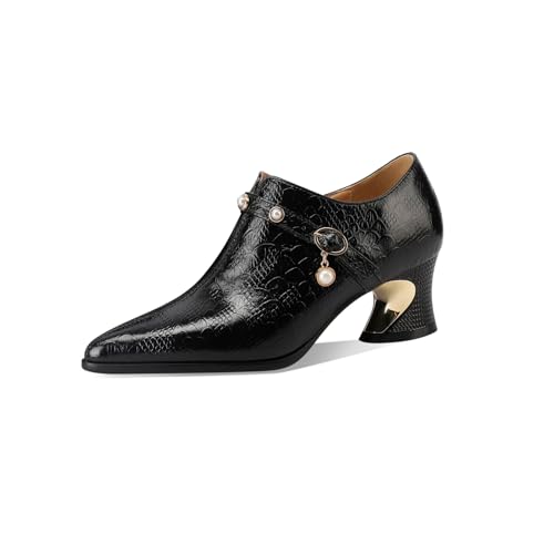 TinaCus Embossed Genuine Leather Women's Pointed Toe Chunky Heels Zip Up Pumps Shoes with Pearl