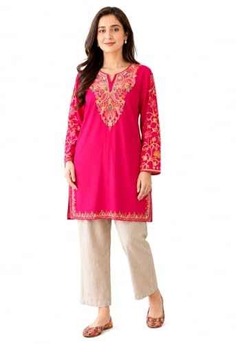 Image of HAUTEMODA Women Cotton Floral Embroidered Short Kurti, Tunic, Three-Fourth Sleeves, White