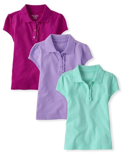 The Children's Place,Girls,Multipack Short Sleeve Ruffle Pique Polos,Seafrost/Aurora Pink/Purple 3-Pack,X-Small