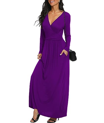 Image of LILBETTER Women Long Sleeve Deep V Neck Loose Plain Long Maxi Casual Dress