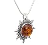 LIGURIUS NATURAL BALTIC AMBER STERLING SILVER 925 NECKLACE PENDANT Gemstone Cognac Small Sun Pendant For Women & Silver Adjustable CHAIN Snake 45cm - 50 cm, Gift set #4