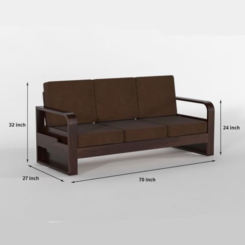Image of Solid Sheesham Wooden 3 Seater Sofa for Living Room | Sofa with Side Pocket Storage & Cushion | Rosewood Sofa Set for Home (Walnut with Brown Cushion, 3 Seater)