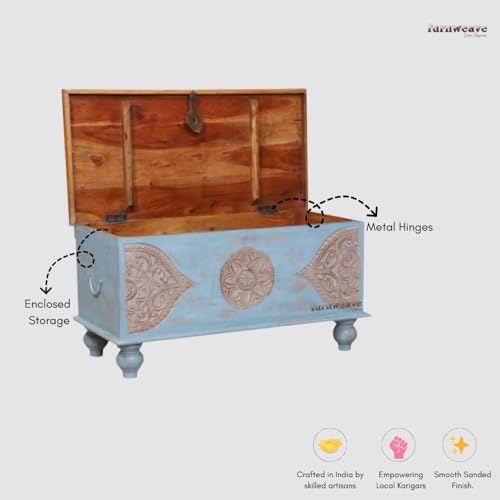 Image of Devin Wooden Trunk Box for Storage | Solid Wood Coffee Table for Living Room | Center Coffee Table with Storage | Front Wooden Carved Sandook Pitara for Home Decor & Bedroom (Blue Distress)