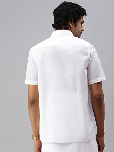 Image of RAMRAJ COTTON Men Solid Regular Fit Half Sleeve Ethnic White Cotton Blend Shirt