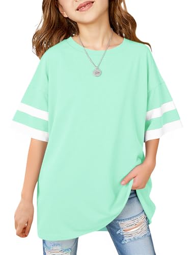 Image of Girls Oversized T Shirts Kids Summer Striped Short Sleeve Tops Casual Crewneck Tees 5-14 Years