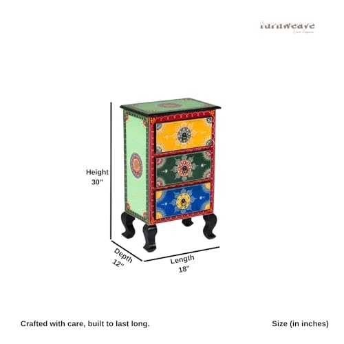 Image of Wooden Bedside Table for Bedroom | 3 Drawer Side Table | Handpainted Rajasthani Chest of Drawers | Solid Wood Small Bedside Table with Drawer Storage for Living Room (Handpainted-2)