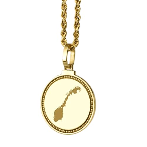 LKBEADS Pendentif rond en argent sterling 925, gravé d'une carte de Norvège (25 mm), plaqué or, bijou de voyage unisexe | LK_EGMP_0071