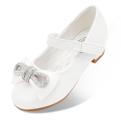 Stelle Girls Dress Shoes Flower Girls Wedding Party Low Heels with Bow for Toddler and Kids(GMJ005-White,10MT)