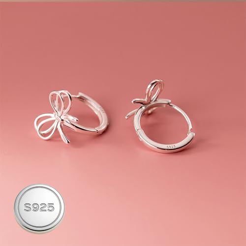 Image of Reffeer Solid 925 Sterling Silver Bow Hoop Earrings Ribbon for Women Girls Bowknot Hoop Earrings Huggie