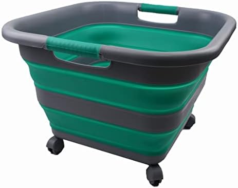 SAMMART 39L Collapsible Plastic Laundry Basket with Wheels - Foldable Pop Up Storage Container / Organizer with wheels - Portable Washing Tub - Space Saving Basket (1, Dark Grey/Bluish-Green)
