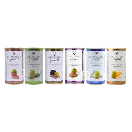 Aceitunas Rellenas Gourmet Surtidas – Pack Degustación Sabores Premium (Anchoa, Jalapeño, Trufa, Cítricos, Queso Azul, Naranja) – Aperitivo Artesanal en Conserva – Ideal para Regalo y Eventos