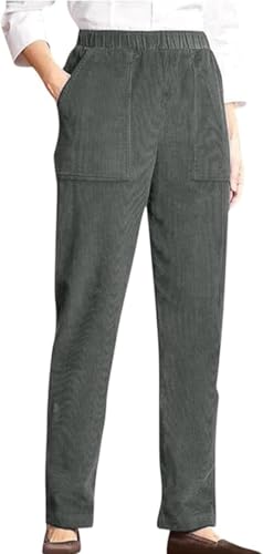 Gray XL Corduroy Pants for Women Elastic High Waist Pull On Straight Leg Slacks Casual Comfy Fall Winter Trousers with Pockets