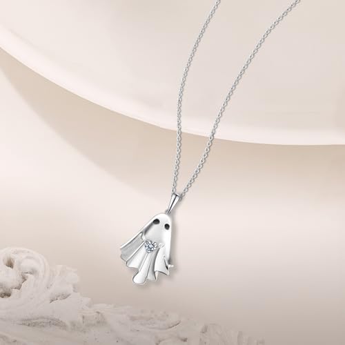 Halloween Ghost Necklace for Women S925 Sterling Silver Spooky Ghost Pendant With Heart Cz for Women Halloween Jewelry Gift4