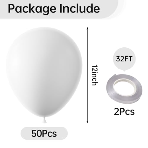 Image of KALOR 12 Inch White Balloons, 50 Pcs Latex Helium Balloons for Kid's Birthday Party, Baby Shower, Wedding, Graduate Party Decorations