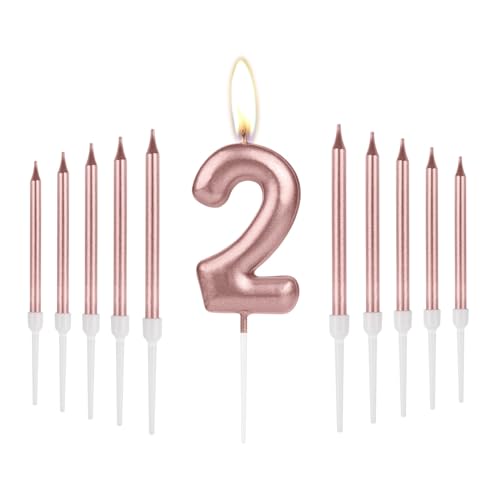 Rose Gold Number 2 Birthday Candles, Metallic Numeral & Thin Long Cake Candle Set for 2nd Birthday Party Cake Decorations