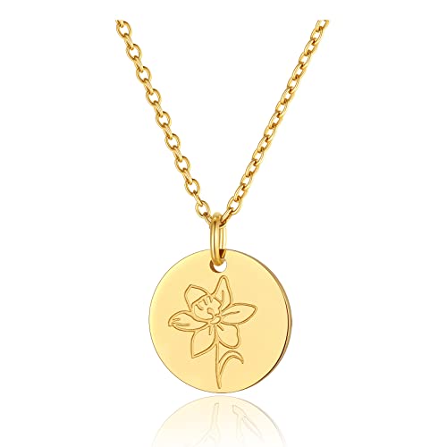 FindChic Birth Flower Disc Necklaces for Women with Birthstone Stainless Steel/Gold Plated/Sterling Silver Jan. to Dec. Guardian Month Floral Pendant