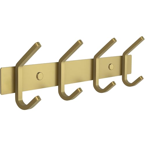 SAYONEYES Perchero de pared dorado cepillado con 4 ganchos dobles para colgar, ganchos de pared rústicos de acero inoxidable SUS304 de 12 pulgadas, para sombrero, ropa, bolso, toalla, 1 paquete