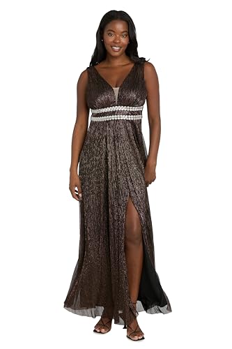 Image of R&M Richards Women's Pleated Maxi Dress W /Illusion V-Neck, Embellished Waistband & Front Slit - Party & Cocktail Gown